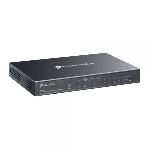 TP-Link - ES210GMP - Omada 10-Port Gigabit Easy Managed Switch with 8-Port PoE+, 1x Gigabit Non-PoE Ports, 1 Combo Gigabit RJ45/SFP Port, 802.3at/af, 123 W PoE Power, Desktop Steel Case and Fanless [ES210GMP]