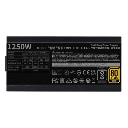 COOLER MASTER ALIMENTATORE MWE GOLD V2, 1250W 80+ GOLD, FULL MODULARE ATX 3.1 VENTOLA 135MM, 10 ANNI [MPE-C501-AFCAG-3EEU]