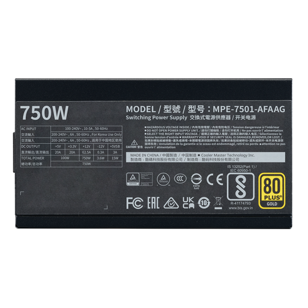 COOLER MASTER ALIMENTATORE MWE GOLD 750 V2 750W 80+ GOLD ATX3.1 120MM FAN [MPE-7501-AFAAG-3EEU]