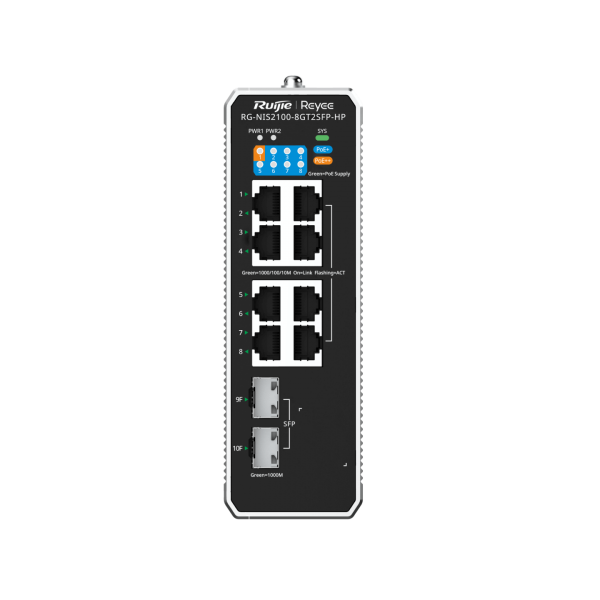 REYEE CLOUD INDUSTRIAL SWITCH L2 FULL MANAGED IP40, 8XRJ45 GIGABIT, 2XSFP, 7 P. POE+ E 1 P. POE++ [RG-NIS2100-8GT2SFP-H]