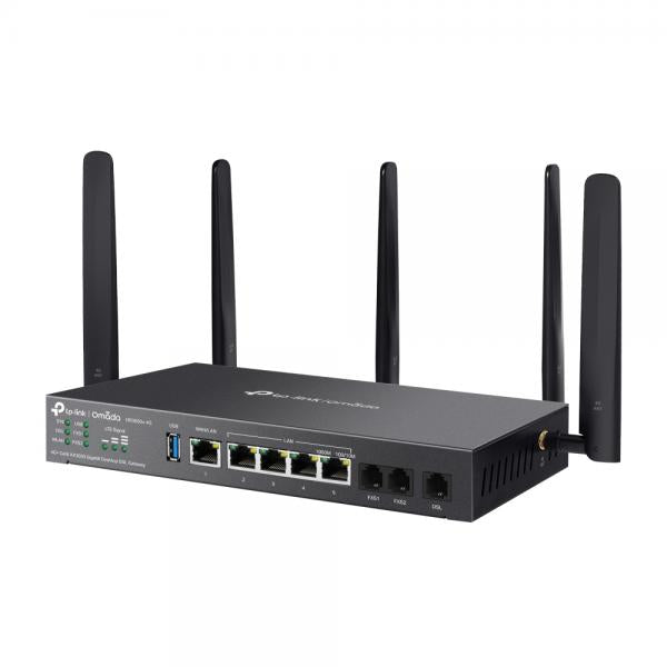 TP-Link - Omada 4G+ Cat6 AX3000 Gigabit Desktop DSL Gateway, 1  Gigabit WAN/LAN Port, 4 Gigabit LAN Ports, 1  DSL Port, 2FXS Ports ,1 USB 3.0 Port,2 Nano SIM slots (4G+ Cat6), 574Mbps at 2.4 GHz [DR3650v-4G]