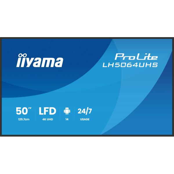 iiyama LH5064UHS-B1AG visualizzatore di messaggi Pannello piatto per segnaletica digitale 127 cm (50") Wi-Fi 500 cd/m 4K Ultra HD Nero Processore integrato Android 24/7 [LH5064UHS-B1AG]