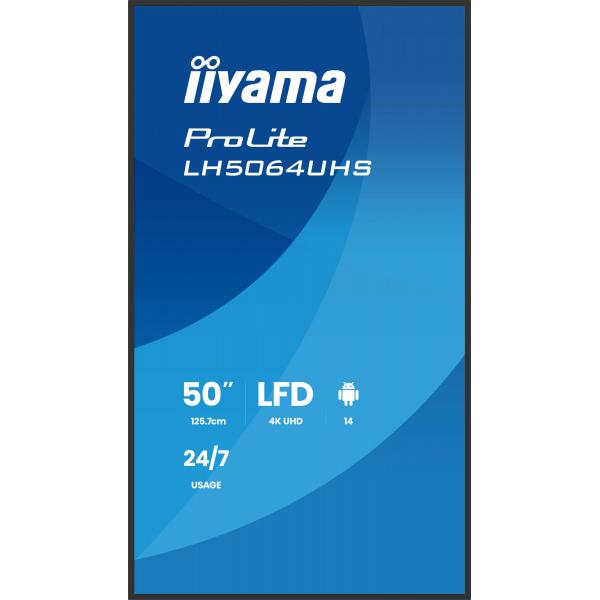 iiyama LH5064UHS-B1AG visualizzatore di messaggi Pannello piatto per segnaletica digitale 127 cm (50") Wi-Fi 500 cd/m 4K Ultra HD Nero Processore integrato Android 24/7 [LH5064UHS-B1AG]