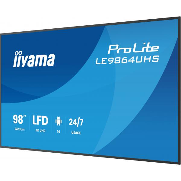 iiyama LE9864UHS-B1AG visualizzatore di messaggi Pannello piatto per segnaletica digitale 2,49 m (98") Wi-Fi 500 cd/m 4K Ultra HD Nero Processore integrato Android 24/7 [LE9864UHS-B1AG]