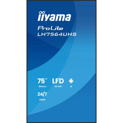 iiyama LH7564UHS-B1AG visualizzatore di messaggi Pannello piatto per segnaletica digitale 190,5 cm (75") Wi-Fi 500 cd/m 4K Ultra HD Nero Processore integrato Android 24/7 [LH7564UHS-B1AG]