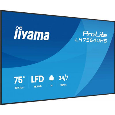 iiyama LH7564UHS-B1AG visualizzatore di messaggi Pannello piatto per segnaletica digitale 190,5 cm (75") Wi-Fi 500 cd/m 4K Ultra HD Nero Processore integrato Android 24/7 [LH7564UHS-B1AG]