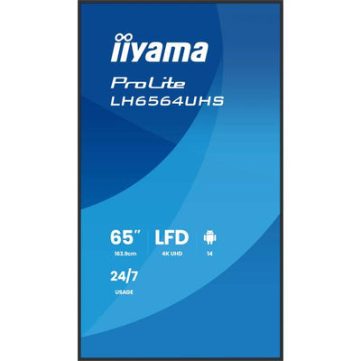 iiyama LH6564UHS-B1AG visualizzatore di messaggi Pannello piatto per segnaletica digitale 165,1 cm (65") Wi-Fi 500 cd/m 4K Ultra HD Nero Processore integrato Android 24/7 [LH6564UHS-B1AG]