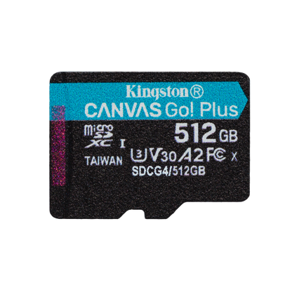 Kingston Technology Scheda microSDXC Canvas Go Plus Gen4 200MB/s A2 U3 V30 da 512 GB + adattatore [SDCG4/512GB]