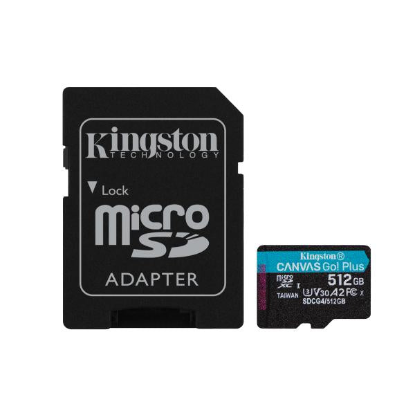 Kingston Technology Scheda microSDXC Canvas Go Plus Gen4 200MB/s A2 U3 V30 da 512 GB + adattatore [SDCG4/512GB]