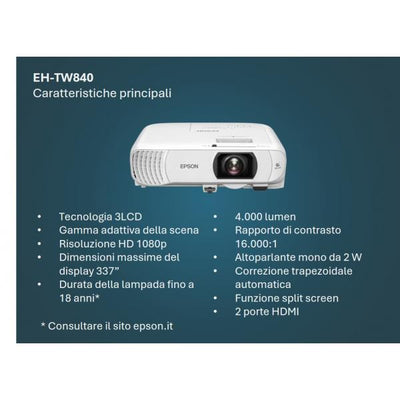 Epson EH-TW840 - 4000 ANSI lumens- 3LCD- 1080p - 1920x1080- 16000:1- 16:9- 863-6 - 8559-8 mm - 34 - 337 inch [V11HB63040]