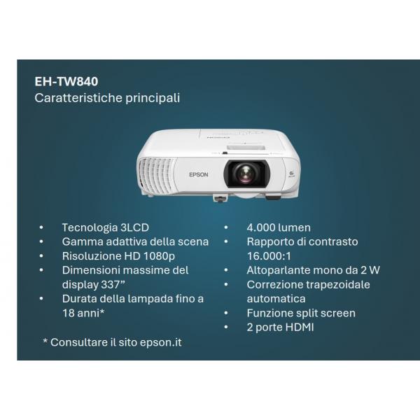 Epson EH-TW840 - 4000 ANSI lumens- 3LCD- 1080p - 1920x1080- 16000:1- 16:9- 863-6 - 8559-8 mm - 34 - 337 inch [V11HB63040]