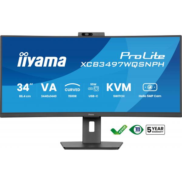 Iiyama ProLite 34 inch Curved - UltraWide Quad HD VA LED Monitor - 3440x1440 - USB-C Dock - KVM Switch - Windows Hello Cam - HAS / RJ45 [XCB3497WQSNPH-B1]