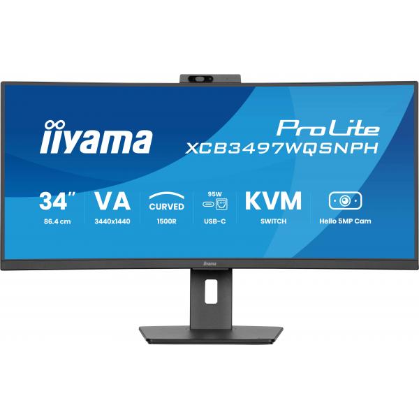 Iiyama ProLite 34 inch Curved - UltraWide Quad HD VA LED Monitor - 3440x1440 - USB-C Dock - KVM Switch - Windows Hello Cam - HAS / RJ45 [XCB3497WQSNPH-B1]