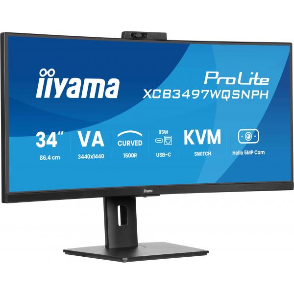 Iiyama ProLite 34 inch Curved - UltraWide Quad HD VA LED Monitor - 3440x1440 - USB-C Dock - KVM Switch - Windows Hello Cam - HAS / RJ45 [XCB3497WQSNPH-B1]