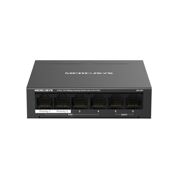 Mercusys MS106P switch di rete Non gestito Fast Ethernet (10/100) Supporto Power over Ethernet (PoE) Montaggio da desktop/parete Nero [MS106P]