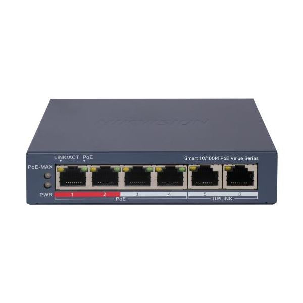 SWITCH HIKVISION SMART MANAGED POE 10/100 L2, 4 10/100M RJ45 POE PORTS, 2 10/100M RJ45 PORT, 802.3AF [DS-3E1106P-EI/M]