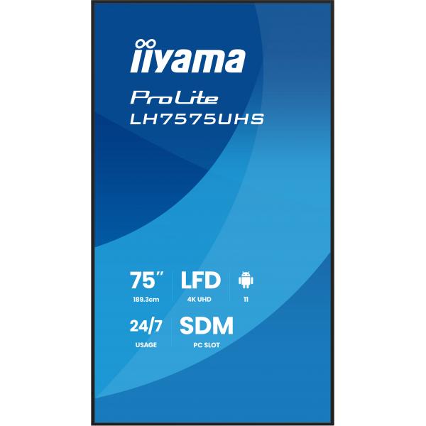 iiyama LH7575UHS-B2AG visualizzatore di messaggi Pannello piatto per segnaletica digitale 190,5 cm (75") LCD Wi-Fi 500 cd/m 4K Ultra HD Nero Processore integrato Android 11 24/7 [LH7575UHS-B2AG]