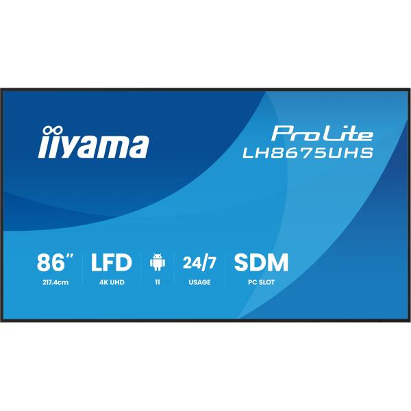 iiyama LH8675UHS-B2AG visualizzatore di messaggi Pannello piatto per segnaletica digitale 2,17 m (85.6") LCD Wi-Fi 500 cd/m 4K Ultra HD Nero Processore integrato Android 11 24/7 [LH8675UHS-B2AG]