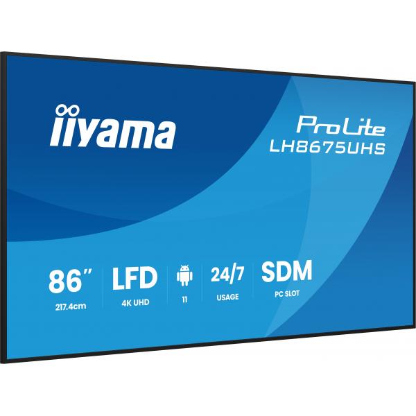 iiyama LH8675UHS-B2AG visualizzatore di messaggi Pannello piatto per segnaletica digitale 2,17 m (85.6") LCD Wi-Fi 500 cd/m 4K Ultra HD Nero Processore integrato Android 11 24/7 [LH8675UHS-B2AG]