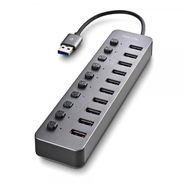 NGS IHUB 10: Hub 10 porte USB 3.0. Velocit di trasferimento dati a 5Gbps. Lunghezza del cavo: 180 m [IHUB10]