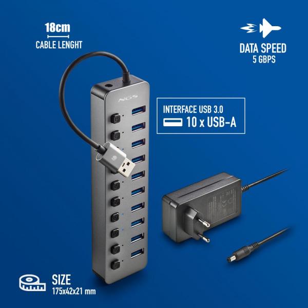 NGS IHUB 10: Hub 10 porte USB 3.0. Velocit di trasferimento dati a 5Gbps. Lunghezza del cavo: 180 m [IHUB10]