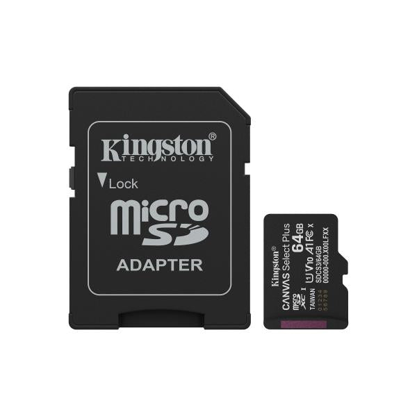 KINGSTON MICRO SDHC 64GB CANVAS SELECT 80R CL10 UHS-I CON ADATTATORE SD [SDCS3/64GB]