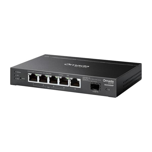 TP-Link - SG2206MP -"Omada Access 6-Port Gigabit Switch with 4-Port PoE+ PORT: 4 Gigabit PoE Ports, 1 Gigabit Non-PoE Port, 1 Gigabit SFP Slot SPEC: 802.3at/af, 63 W PoE Power, Desktop Steel Case [SG2206MP]