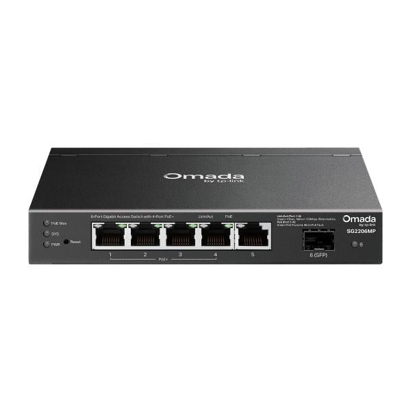 TP-Link - SG2206MP -"Omada Access 6-Port Gigabit Switch with 4-Port PoE+ PORT: 4 Gigabit PoE Ports, 1 Gigabit Non-PoE Port, 1 Gigabit SFP Slot SPEC: 802.3at/af, 63 W PoE Power, Desktop Steel Case [SG2206MP]