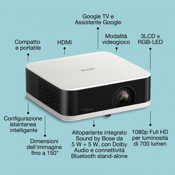 Epson EF-61W - 700 ANSI lumens- 3LCD- 1080p - 1920x1080- 5000000:1- 16:9- 762 - 3810 mm - 30 - 150 inch [V11HB72040]