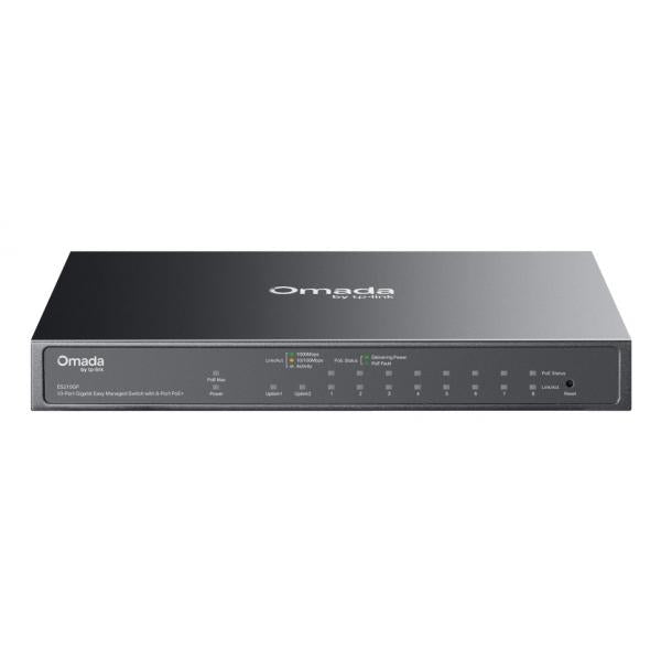 TP-Link - ES210GP - Omada 10-Port Gigabit Easy Managed Switch with 8-Port PoE+, 8 Gigabit PoE+ Ports, 1x Gigabit Non-PoE Ports, 1 Combo Gigabit RJ45/SFP Port, 802.3at/af, 63 W PoE Power, Desktop St [ES210GP]