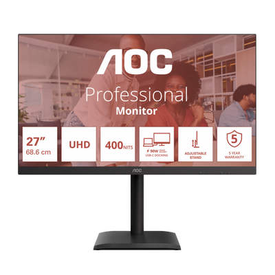 AOC MONITOR 27 LED IPS 4K UHD 16:9 4MS 75hz 400 CDM, PIVOT, DP/HDMI, USB-C, MULTIMEDIALE [U27E4CV]