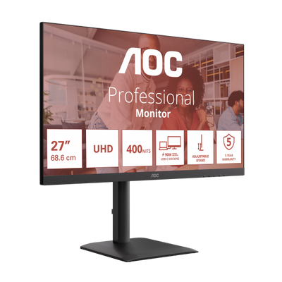 AOC MONITOR 27 LED IPS 4K UHD 16:9 4MS 75hz 400 CDM, PIVOT, DP/HDMI, USB-C, MULTIMEDIALE [U27E4CV]