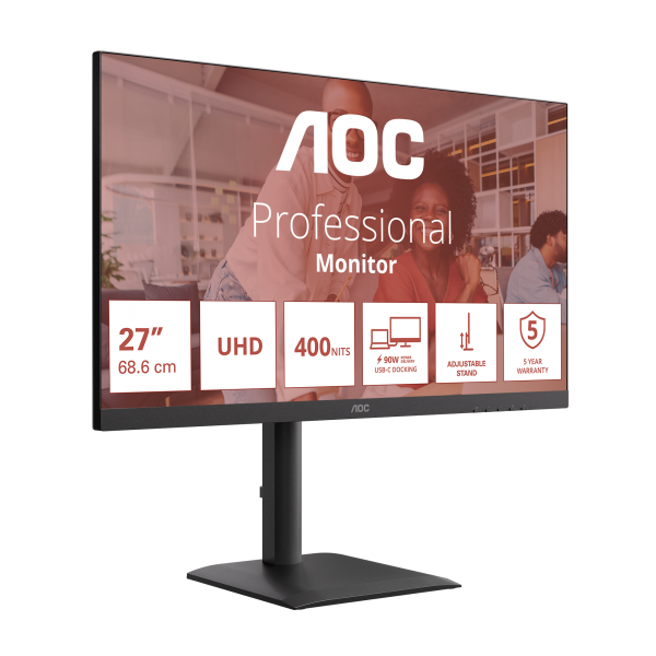 AOC MONITOR 27 LED IPS 4K UHD 16:9 4MS 75hz 400 CDM, PIVOT, DP/HDMI, USB-C, MULTIMEDIALE [U27E4CV]