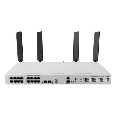 Mikrotik - Switch rack 17 porte 1G (8 PoE-out), 2 porte 10G SFP+, Wi-Fi 6 dual band 4x4 MIMO, quad-core ARM 2.2 GHz, 1GB RAM DDR3, USB 3.0, dual AC 100-240V alimentazione, RouterOS v7 L5, [CRS418-8P-8G-2S+5axQ2axQ-RM]
