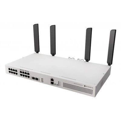 Mikrotik - Switch rack 17 porte 1G (8 PoE-out), 2 porte 10G SFP+, Wi-Fi 6 dual band 4x4 MIMO, quad-core ARM 2.2 GHz, 1GB RAM DDR3, USB 3.0, dual AC 100-240V alimentazione, RouterOS v7 L5, [CRS418-8P-8G-2S+5axQ2axQ-RM]