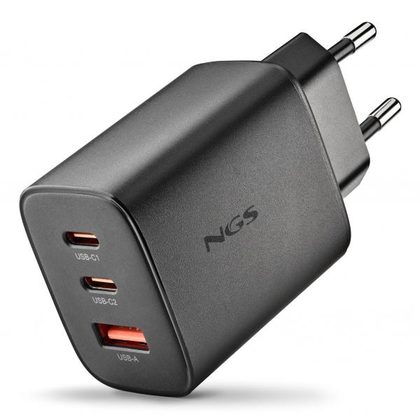 NGS ERA 65W: CARICATORE GaN DA PARETE UNIVERSALE DA 65W CON 3 porte: 2x USB-C + USB-A [ERA65WBLACK]