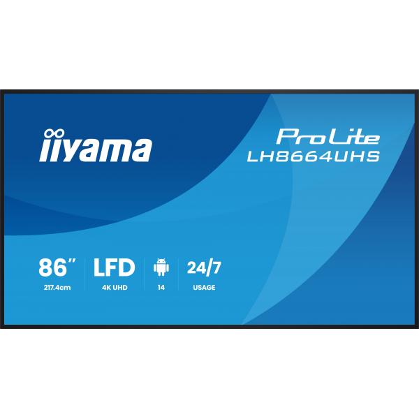 iiyama LH8664UHS-B3AG visualizzatore di messaggi Pannello piatto per segnaletica digitale 2,17 m (85.6") Wi-Fi 500 cd/m 4K Ultra HD Nero Processore integrato Android 24/7 [LH8664UHS-B3AG]