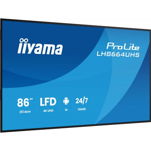 iiyama LH8664UHS-B3AG visualizzatore di messaggi Pannello piatto per segnaletica digitale 2,17 m (85.6") Wi-Fi 500 cd/m 4K Ultra HD Nero Processore integrato Android 24/7 [LH8664UHS-B3AG]