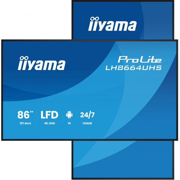 iiyama LH8664UHS-B3AG visualizzatore di messaggi Pannello piatto per segnaletica digitale 2,17 m (85.6") Wi-Fi 500 cd/m 4K Ultra HD Nero Processore integrato Android 24/7 [LH8664UHS-B3AG]