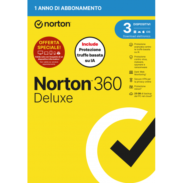NORTON 360 DELUXE 2026 -ANTITRUFFA- ATTACH - 3 DISPOSITIVI 12 MESI 25GB - IT BOX [21483646]
