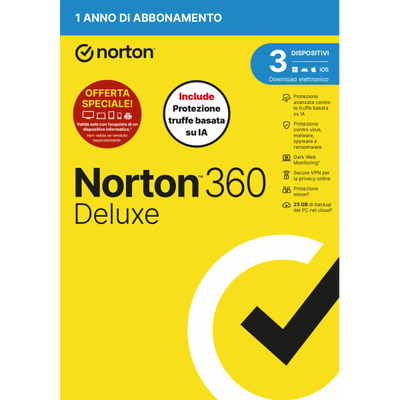 NORTON 360 DELUXE 2026 -ANTITRUFFA- ATTACH - 3 DISPOSITIVI 12 MESI 25GB - IT BOX [21483646]