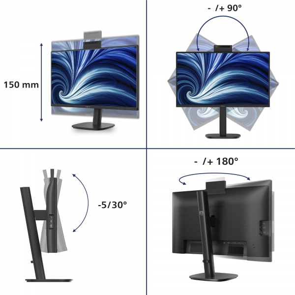 PHILIPS MONITOR 23,8 LED IPS FHD 16:9 4MS 300 CDM 120hz, PIVOT, WEBCAM, USB-C, VGA/DP/HDMI, MULTIMED [24B2N3200JH]