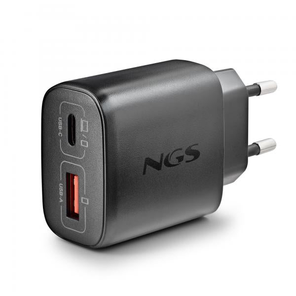 NGS EON 45W BLACK: CARICATORE GaN DA PARETE UNIVERSALE DA 45W con 2 porte: USB-C + USB-A [EON45WBLACK-B2C]