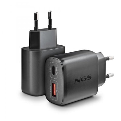 NGS EON 45W BLACK: CARICATORE GaN DA PARETE UNIVERSALE DA 45W con 2 porte: USB-C + USB-A [EON45WBLACK-B2C]