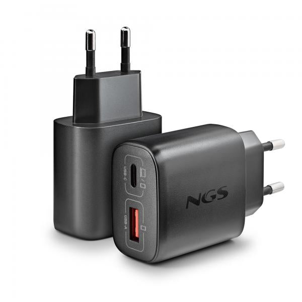 NGS EON 45W BLACK: CARICATORE GaN DA PARETE UNIVERSALE DA 45W con 2 porte: USB-C + USB-A [EON45WBLACK-B2C]