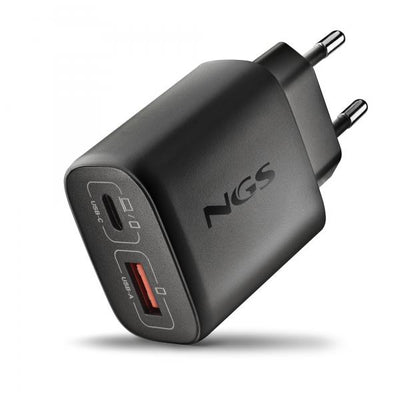 NGS EON 45W BLACK: CARICATORE GaN DA PARETE UNIVERSALE DA 45W con 2 porte: USB-C + USB-A [EON45WBLACK-B2C]