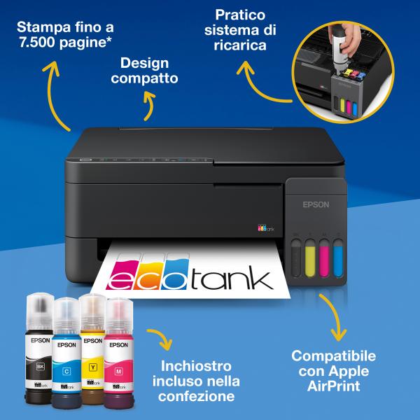EPSON MULTIFUNZIONE INK A4 COLORE, ECOTANK ET-2910, 33PPM, FRONTE/RETRO, USB/LAN/WIFI, 3 IN 1 [C11CL62404]
