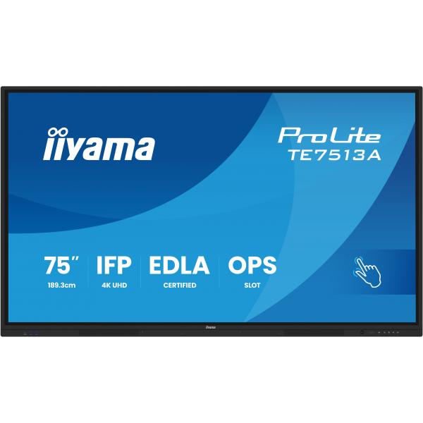 iiyama TE7513A-B2AG visualizzatore di messaggi Pannello piatto interattivo 190,5 cm (75") Wi-Fi 500 cd/m 4K Ultra HD Nero Touch screen Processore integrato Android 24/7 [TE7513A-B2AG]