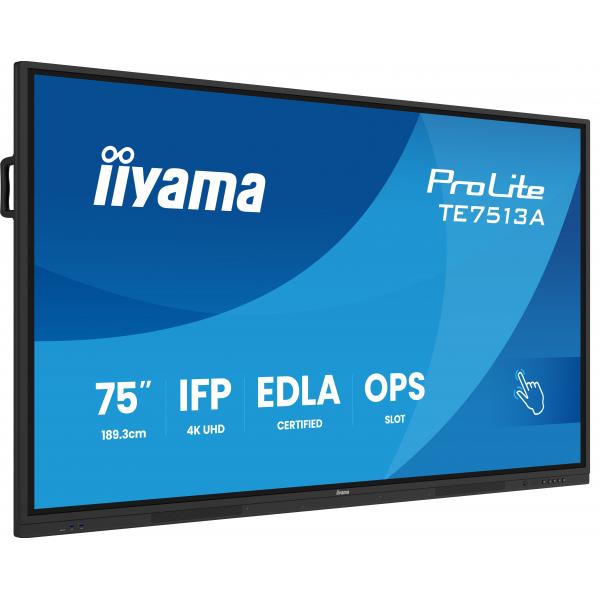 iiyama TE7513A-B2AG visualizzatore di messaggi Pannello piatto interattivo 190,5 cm (75") Wi-Fi 500 cd/m 4K Ultra HD Nero Touch screen Processore integrato Android 24/7 [TE7513A-B2AG]