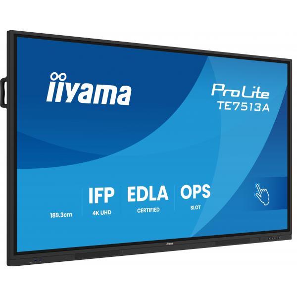 iiyama TE7513A-B3AG visualizzatore di messaggi Pannello piatto interattivo 190,5 cm (75") LCD Wi-Fi 500 cd/m 4K Ultra HD Nero Touch screen Processore integrato Android 24/7 [TE7513A-B3AG]